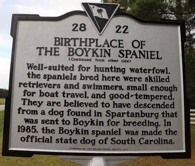 Birthplace of the Boykin Spaniel side of marker image. Click for full size.