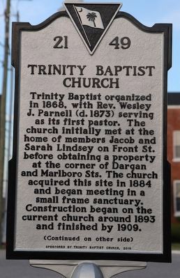 Trinity Baptist Church Marker, Side One image. Click for full size.