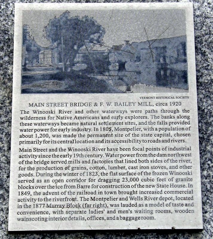 Main Street Bridge & F.W. Bailey Mill, Circa 1920 Marker. Click for full size. Main Street Bridge & F.W. Bailey Mill, Circa 1920 Marker image. Click for full size.