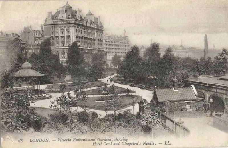 Victoria Embankment Gardens, showing Hotel Cecil and Cleopatras Needle image. Click for full size.