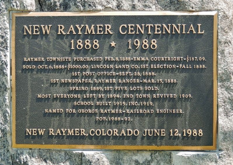 New Raymer Centennial Marker image. Click for full size.