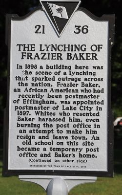 The Lynching of Frazier Baker Marker, Side One. Click for full size. The Lynching of Frazier Baker Marker, Side One image. Click for full size.