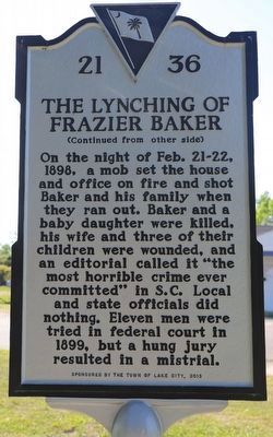 The Lynching of Frazier Baker Marker, Side Two. Click for full size. The Lynching of Frazier Baker Marker, Side Two image. Click for full size.
