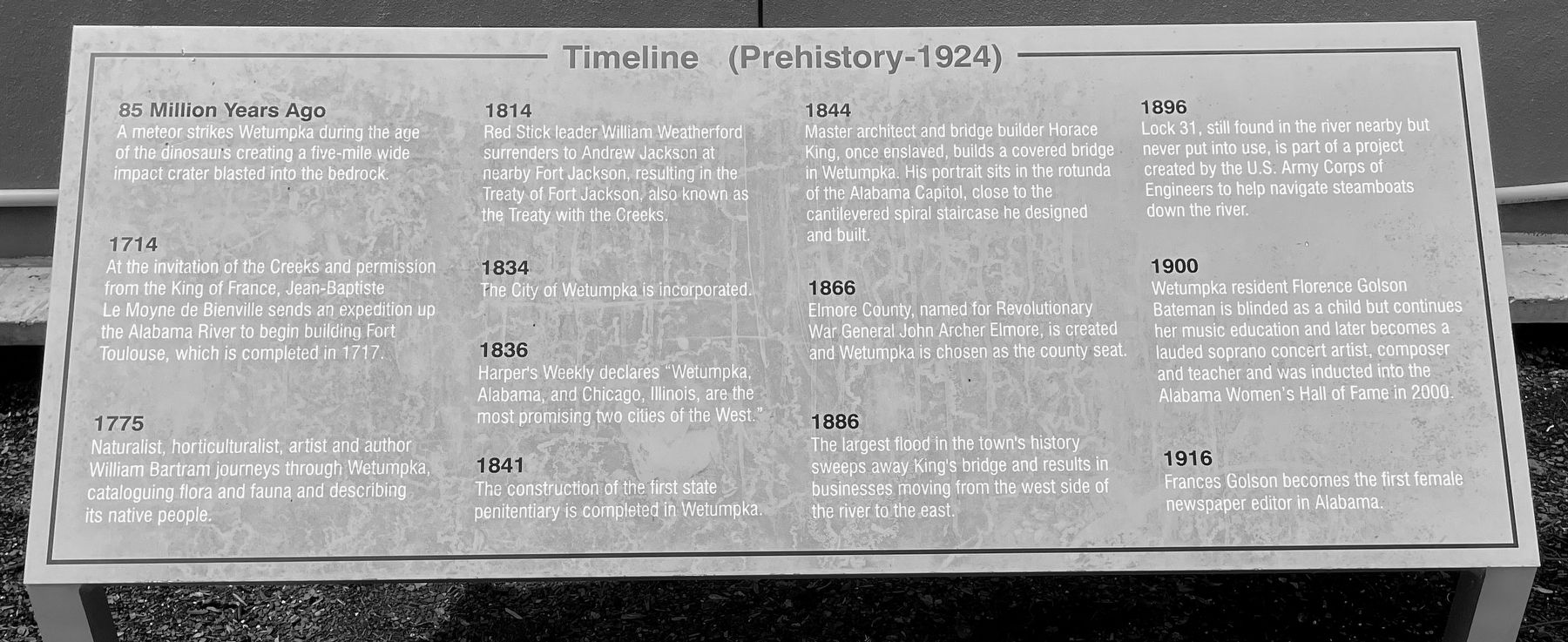 Wetumpka Timeline Marker (Prehistory - 1924). Click for full size. Wetumpka Timeline Marker (Prehistory - 1924) image. Click for full size.