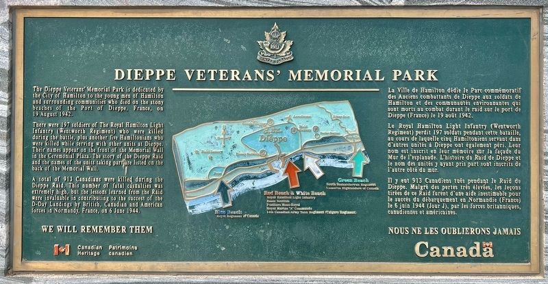 Dieppe Veterans’ Memorial Park Marker. Click for full size. Dieppe Veterans’ Memorial Park Marker image. Click for full size.