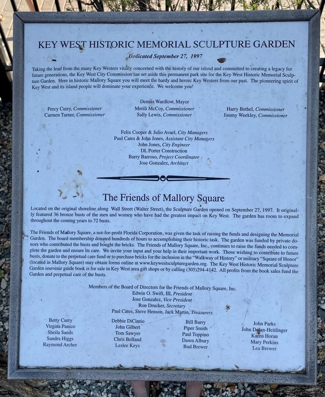 Key West Historic Memorial Sculpture Garden Dedication Plaque image. Click for full size.