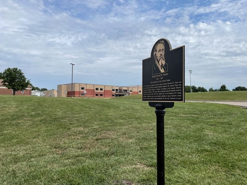Rutherford B. Hayes marker with Cameron Veterans Memorial Middle School in background image. Click for full size.