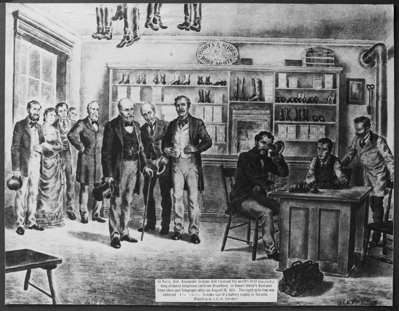 Alexander Graham Bell receiving the 1st long-distance telephone in Paris, Ont. image. Click for full size.