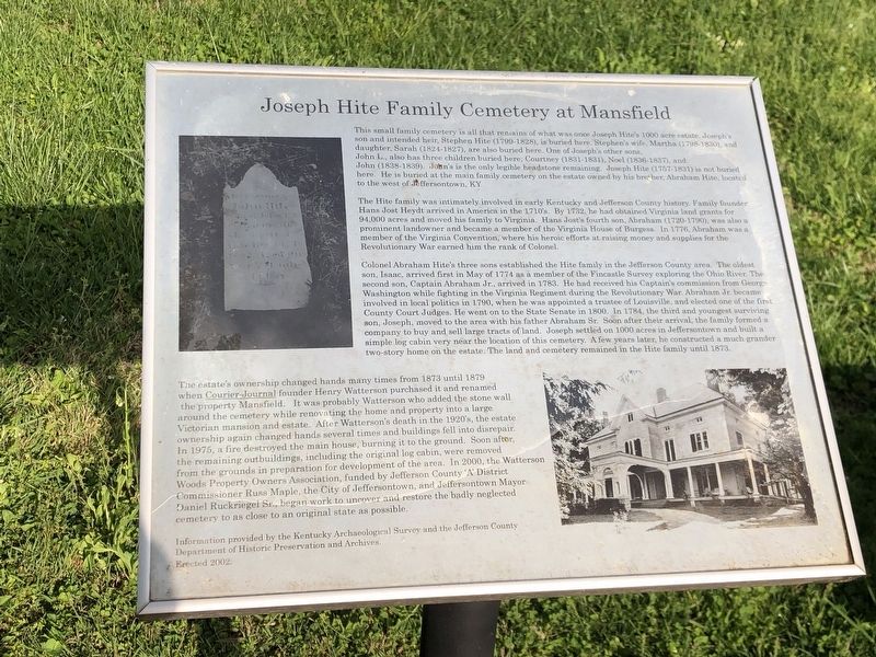 Joseph Hite Family Cemetery at Mansfield Marker image. Click for full size.