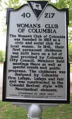 Woman's Club of Columbia Marker, Side One image. Click for full size.