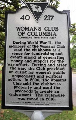 Woman''s Club of Columbia Marker, Side Two image. Click for full size.