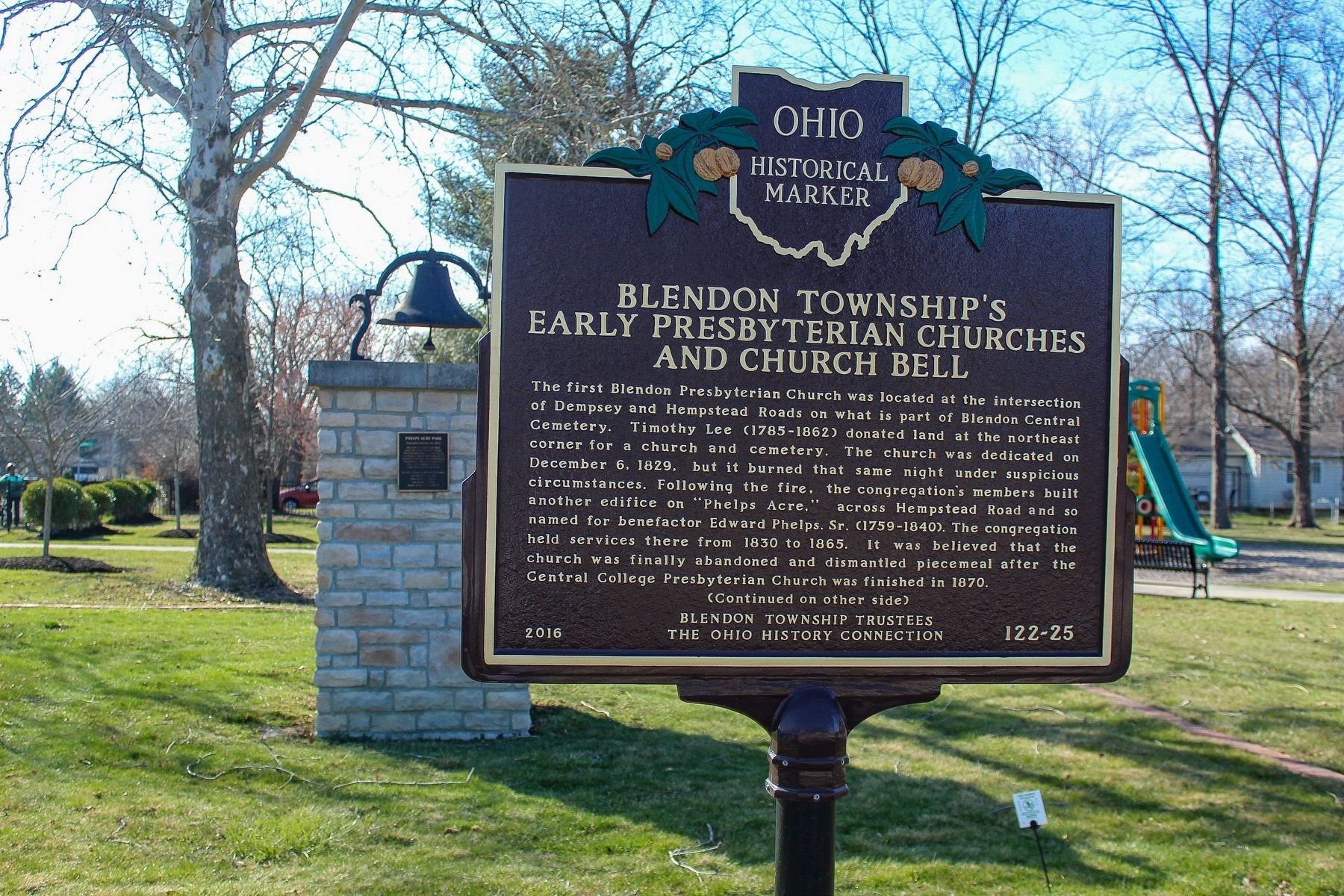 Blendon Township's Early Presbyterian Churches and Church Bell Marker front side image. Click for full size.