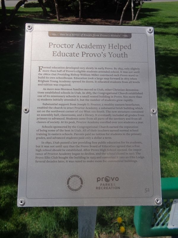 Proctor Academy Helped Educate Provo�s Youth Marker image. Click for full size.