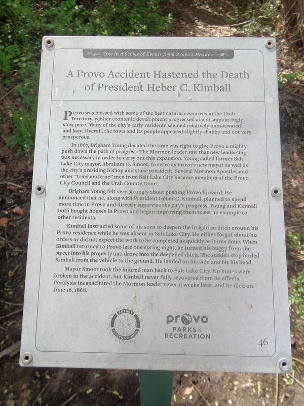 A Provo Accident Hastened the Death of President Heber C. Kimball Marker image. Click for full size.