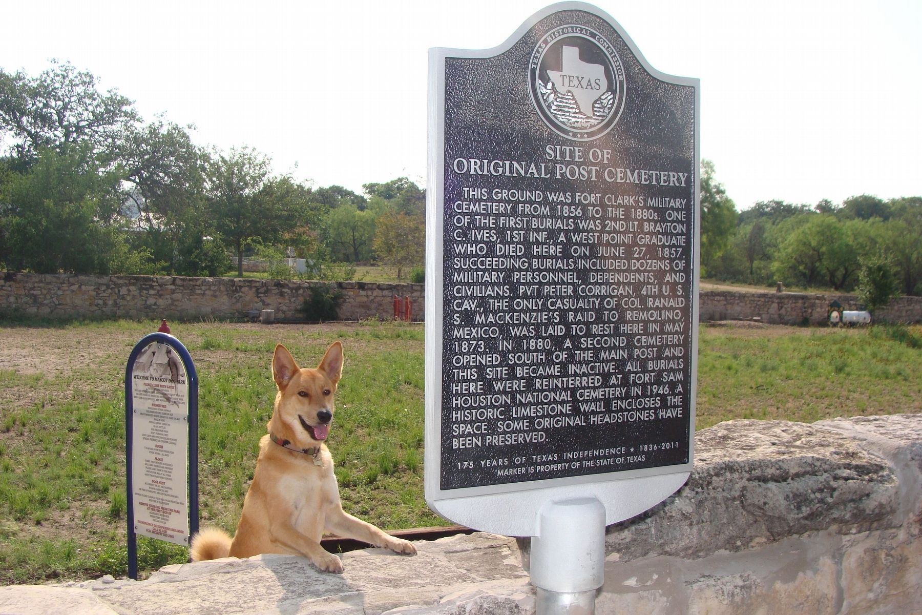 Site of Original Post Cemetery Marker and dog park visitor image. Click for full size.
