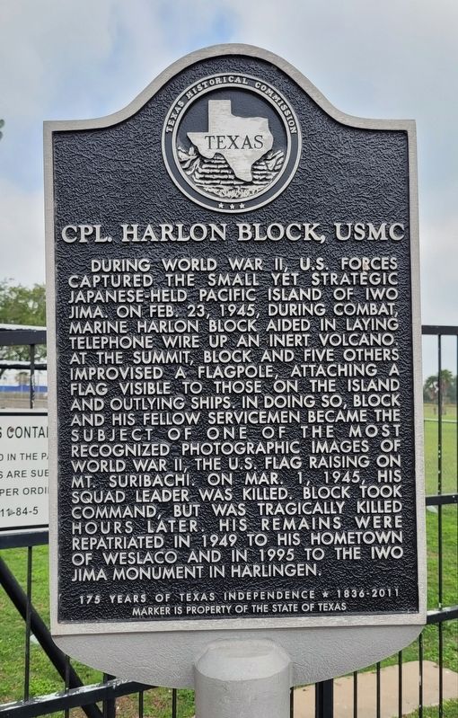 Cpl. Harlon Block, USMC Marker image. Click for full size.