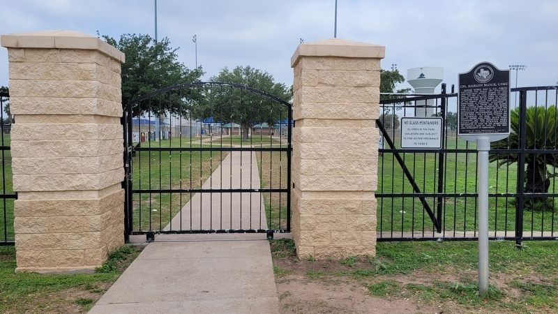 The Cpl. Harlon Block, USMC Marker at the entrance to the baseball fields image. Click for full size.
