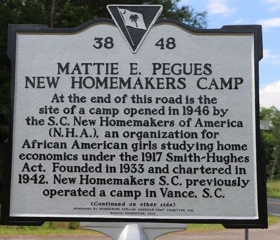 Mattie E. Pegues New Homemakers Camp Marker, Side One image. Click for full size.