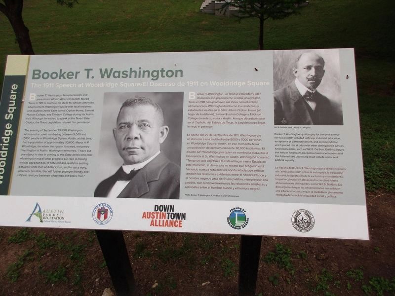 Booker T. Washington: 1911 speech at Wooldridge Square informational sign image. Click for full size.