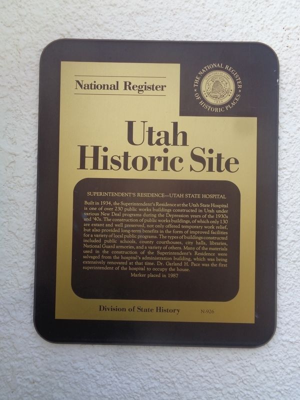 Superintendent's Residence - Utah State Hospital Marker image. Click for full size.
