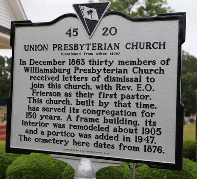 Union Presbyterian Church Marker Reverse image. Click for full size.