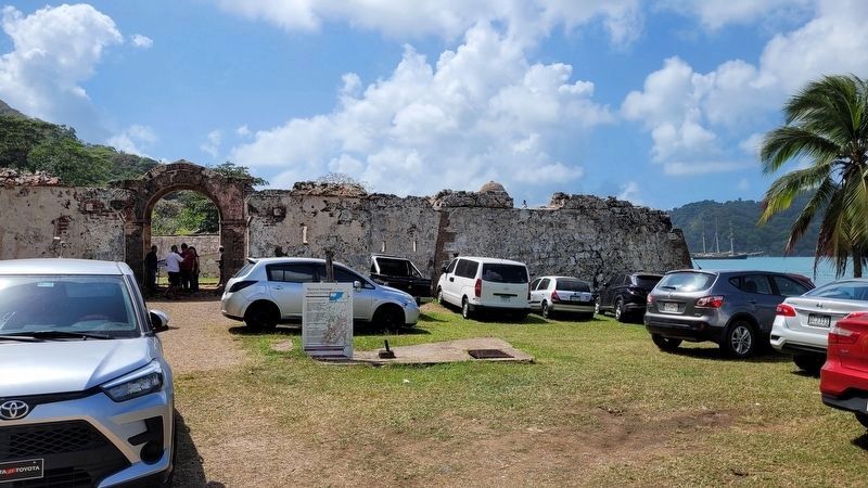 The view of the marker in the parking lot of the Santiago Battery historical park. Click for full size. The view of the marker in the parking lot of the Santiago Battery historical park image. Click for full size.