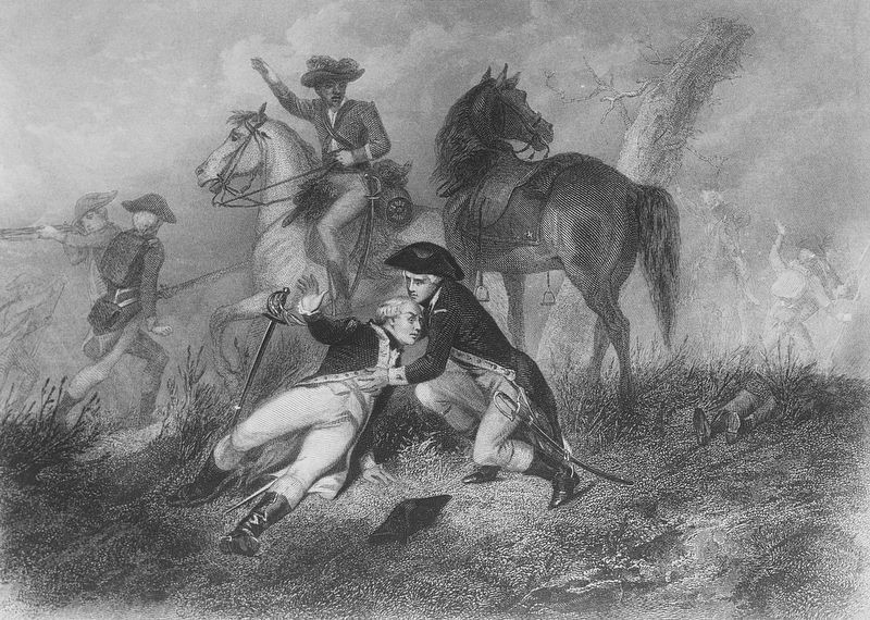 La Fayette wounded at the battle of Brandywine (Charles Henry Jeans, d. 1879) image. Click for full size.