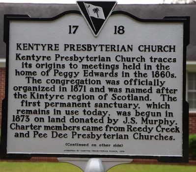 Kentyre Presbyterian Church Marker, Side One image. Click for full size.
