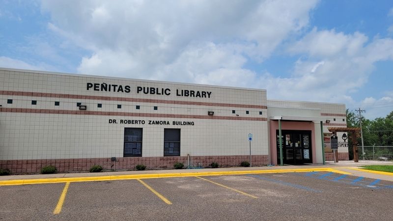 The view of the Peñitas Common School Marker at the library. Click for full size. The view of the Peñitas Common School Marker at the library image. Click for full size.