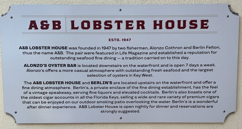 A&B Lobster House Marker. Click for full size. A&B Lobster House Marker image. Click for full size.