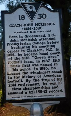 Coach John McKissick (1926-2019) side of marker image. Click for full size.