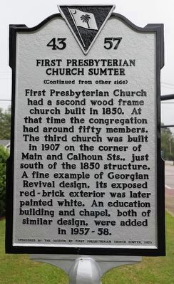 First Presbyterian Church Sumter Marker, Side Two image. Click for full size.