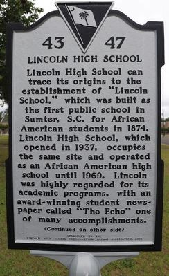Lincoln High School Marker, Side One image. Click for full size.