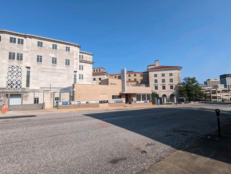 Wide shot of former Greyhound Bus Station and new markers. image. Click for full size.