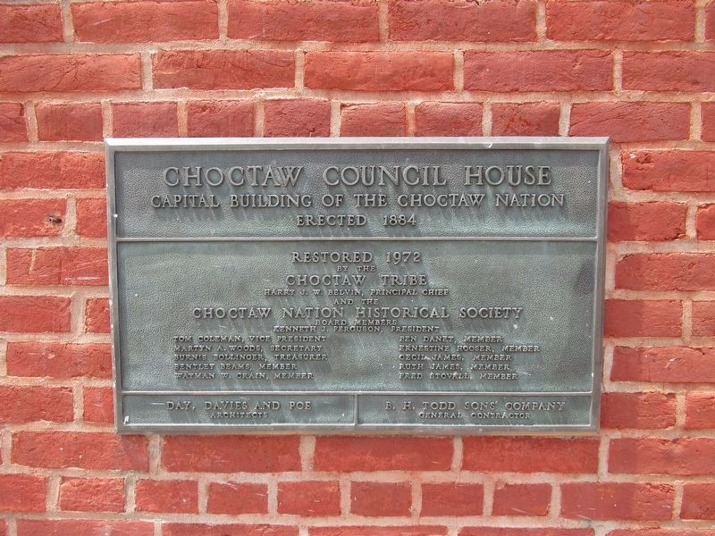 Choctaw Council House 1972 Restoration Tablet image. Click for full size.