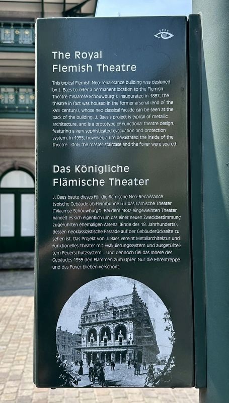 The Royal Flemish Theatre Marker - English and German side image. Click for full size.