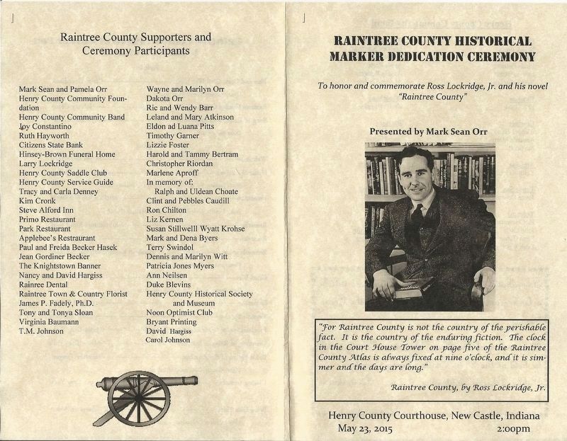 Raintree County-Henry County Courthouse Memorial Ceremony Program image. Click for full size.