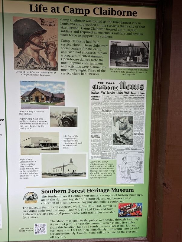 Life At Camp Claiborne side of marker image. Click for full size.