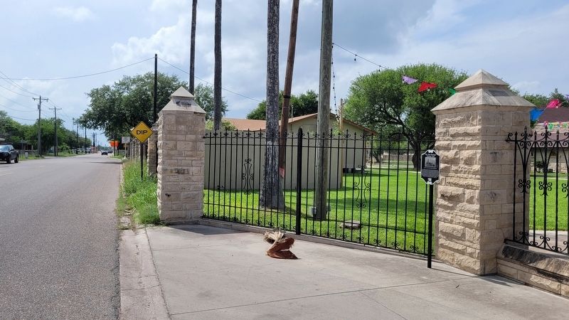 The view of the St. John the Baptist Church Tower 1954 Marker from the street image. Click for full size.