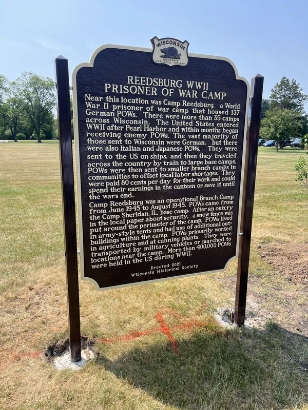 Reedsburg WWII Prisoner of War Camp Marker. Click for full size. Reedsburg WWII Prisoner of War Camp Marker image. Click for full size.