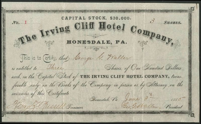 Irving Cliff Hotel Company stock certificate. Click for full size. Irving Cliff Hotel Company stock certificate image. Click for full size.