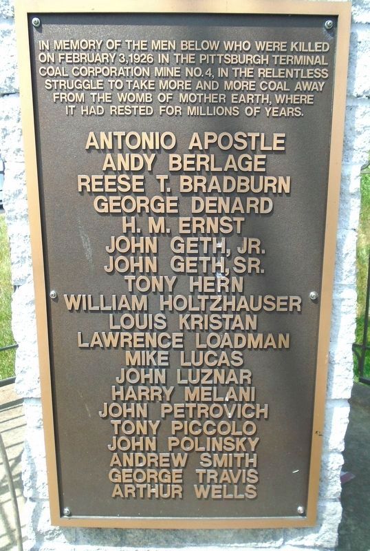 1926 Pittsburgh Terminal Coal Corp Mine No. 4 Explosion Marker. Click for full size. 1926 Pittsburgh Terminal Coal Corp Mine No. 4 Explosion Marker image. Click for full size.
