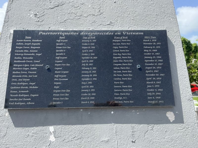 Puertorriqueños disaparecidos en Vietnam Marker. Click for full size. Puertorriqueños disaparecidos en Vietnam Marker image. Click for full size.