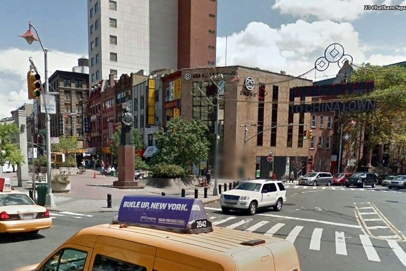 Chatham Square, where Pearl Street (left) meets Park Row, once Chatham Street (right) image. Click for full size.