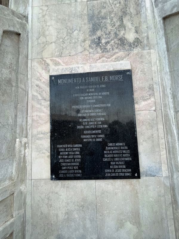 Dedication tablet on the Morse memorial image. Click for full size.
