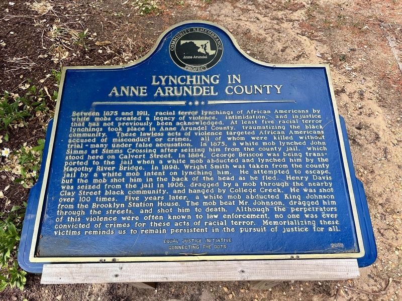 Lynching in Anne Arundel County side of marker. image. Click for full size.