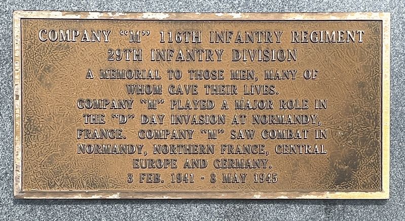 Company M 116th Infantry Regiment Marker. Click for full size. Company M 116th Infantry Regiment Marker image. Click for full size.