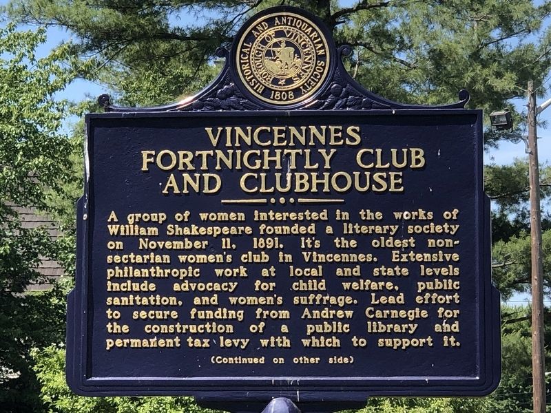 Vincennes Fortnightly Club and Clubhouse Marker, Side One image. Click for full size.