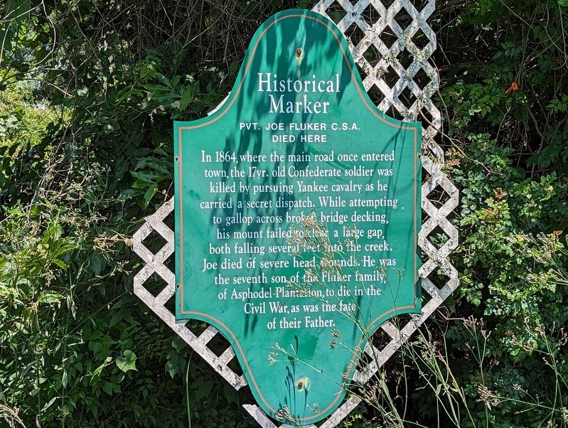 Pvt. Joe Fluker C.S.A. Died Here Marker. Click for full size. Pvt. Joe Fluker C.S.A. Died Here Marker image. Click for full size.