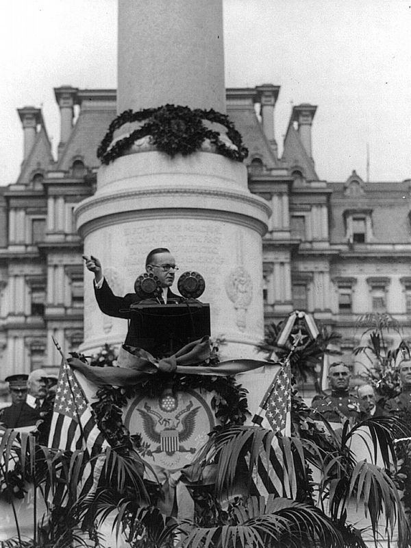 Calvin Coolidge<br>Dedicating the Memorial<br>to the 1st Division A.E.F.,<br>Oct. 4, 1924.. Click for full size. Calvin Coolidge<br>Dedicating the Memorial<br>to the 1st Division A.E.F.,<br>Oct. 4, 1924. image. Click for full size.